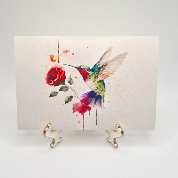 4x6‎ Hummingbird Rose Watercolor Oil Painting Art Print - Picture 2 of 4